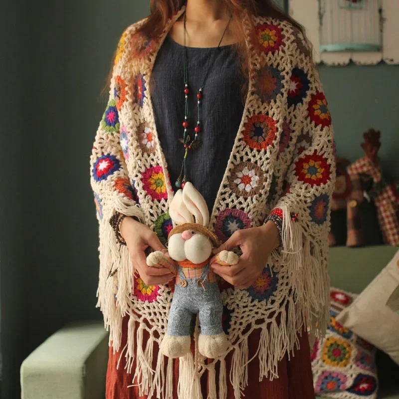 Poncho Rétro Mori Tricot Main Crochet Carrés Colorés
