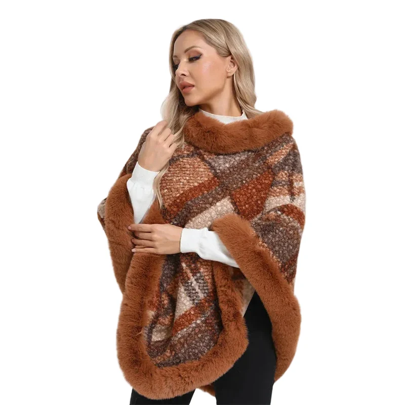 Poncho Femme Jacquard Tricoté Avec Fourrure Hiver