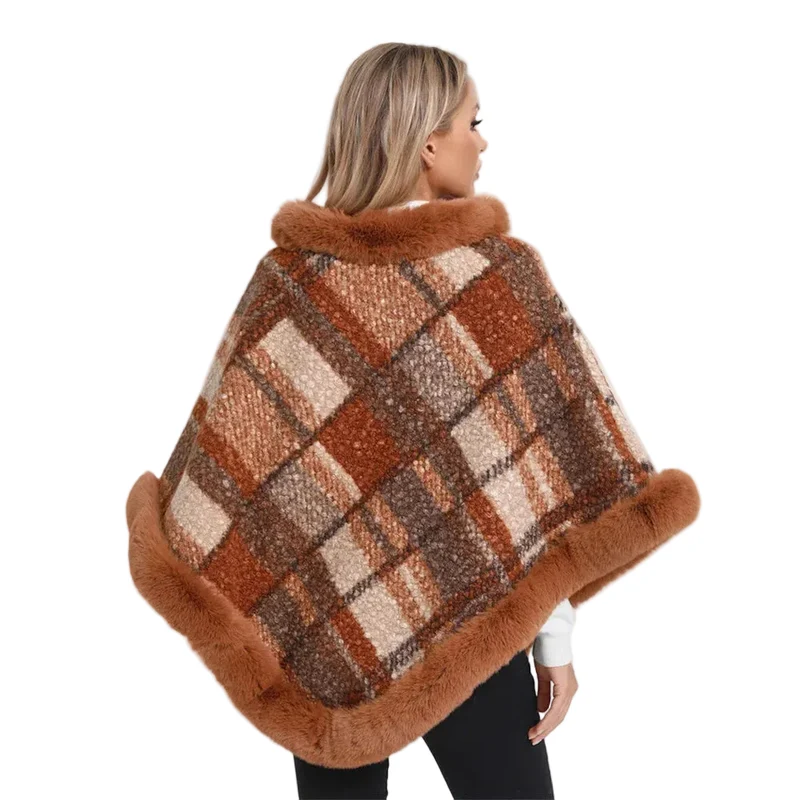 Poncho Femme Jacquard Tricoté Avec Fourrure Hiver