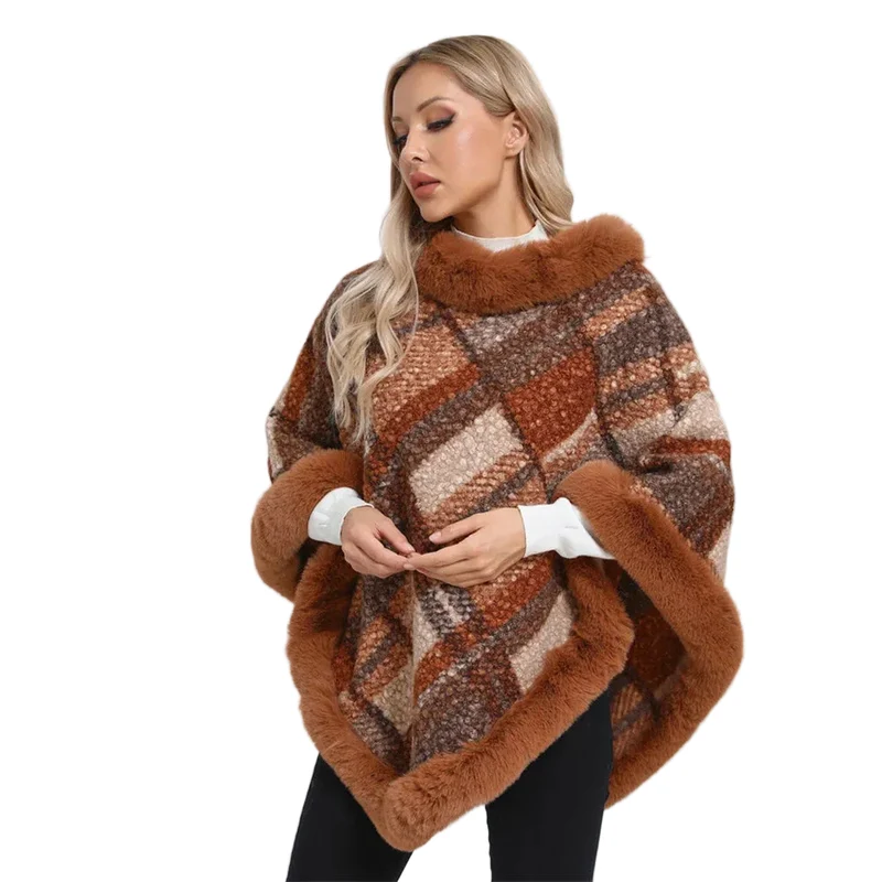 Poncho Femme Jacquard Tricoté Avec Fourrure Hiver