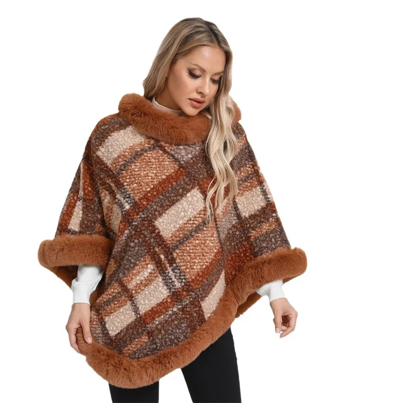 Poncho Femme Jacquard Tricoté Avec Fourrure Hiver