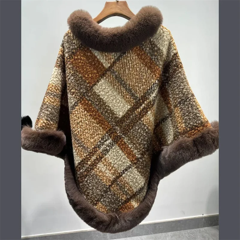 Poncho Femme Jacquard Tricoté Avec Fourrure Hiver