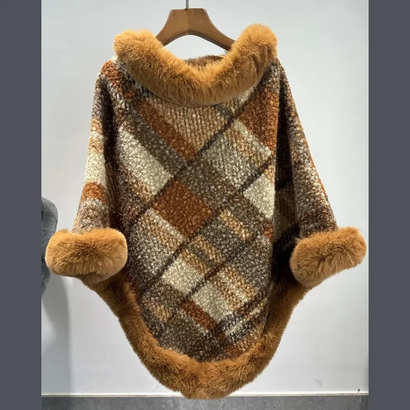 Poncho Femme Jacquard Tricoté Avec Fourrure Hiver