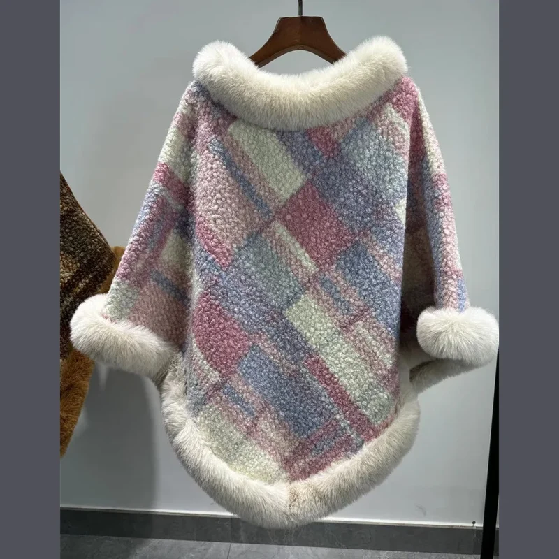 Poncho Femme Jacquard Tricoté Avec Fourrure Hiver