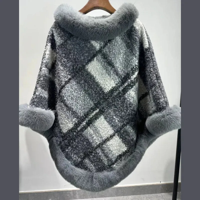 Poncho Femme Jacquard Tricoté Avec Fourrure Hiver