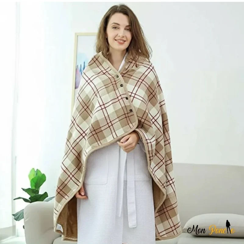 Poncho Portable Polaire Réversible Carreaux Beige Marron