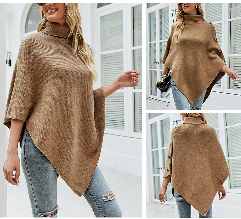 Poncho Col Roulé Manches Chauve-Souris Asymétrique