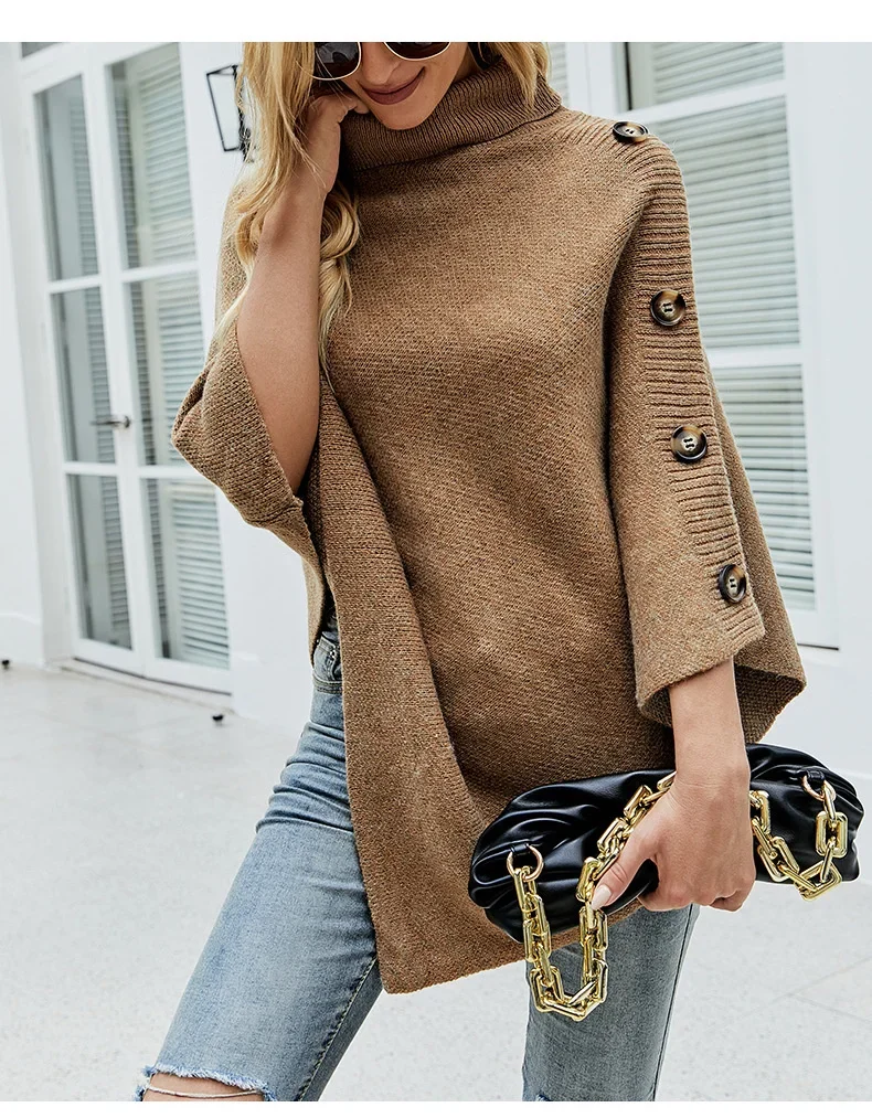 Poncho Col Roulé Manches Chauve-Souris Asymétrique