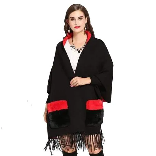 Poncho Poches-Fourrure Femme