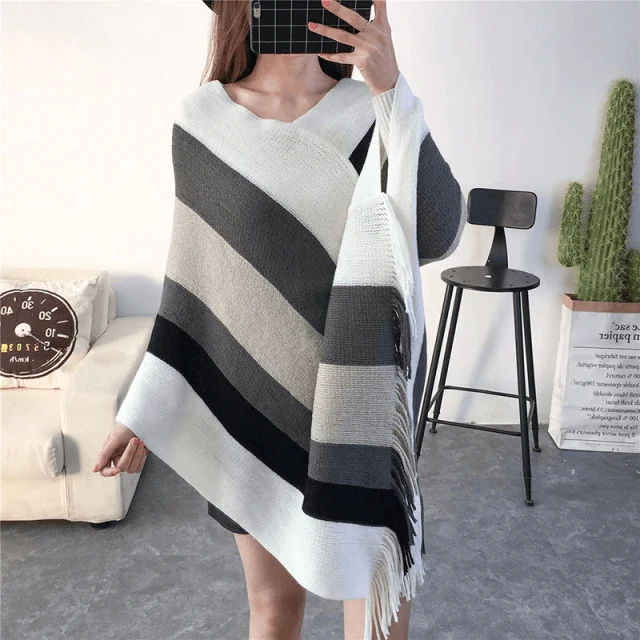 Poncho Rayures Chaud Femme