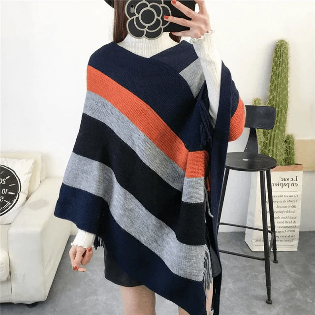 Poncho Rayures Chaud Femme