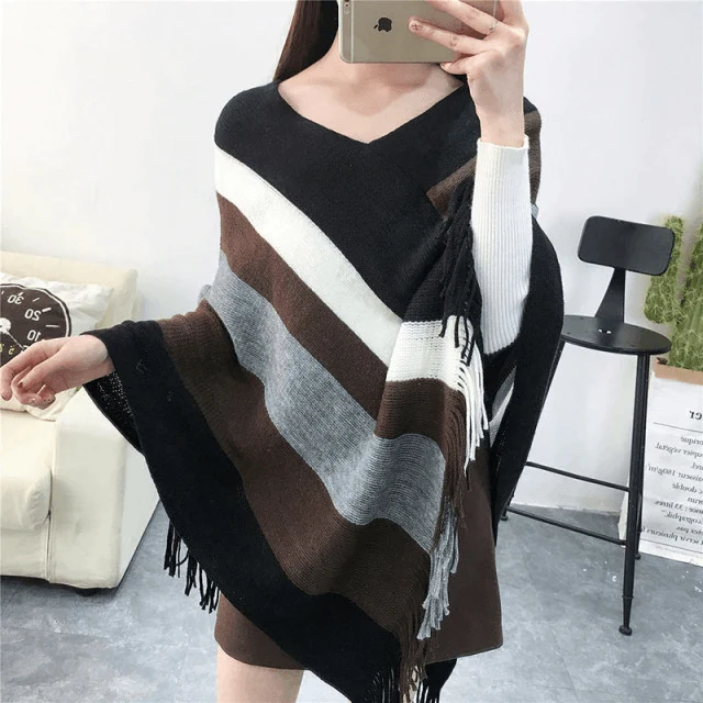 Poncho Rayures Chaud Femme