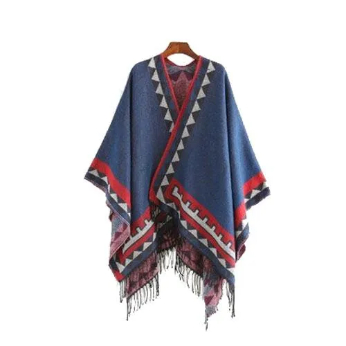 Poncho Ethnique-Frange Femme