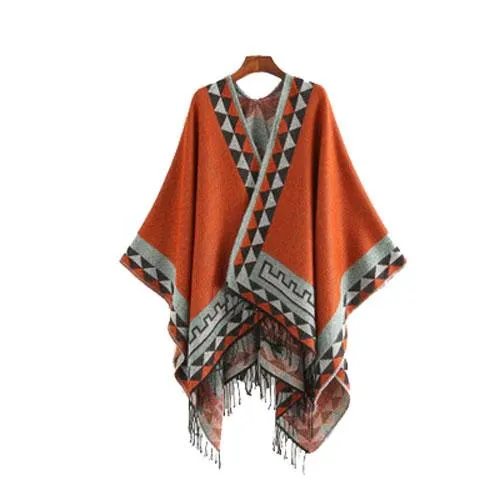 Poncho Ethnique-Frange Femme