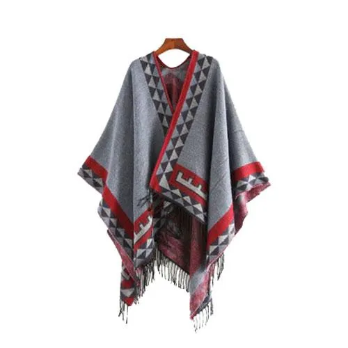 Poncho Ethnique-Frange Femme