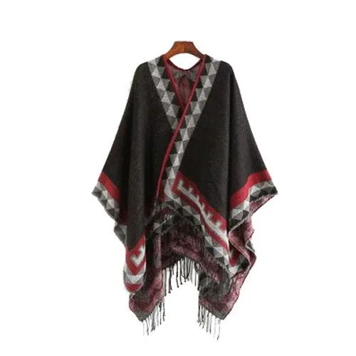 Poncho Ethnique-Frange Femme