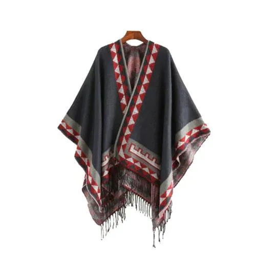 Poncho Ethnique-Frange Femme