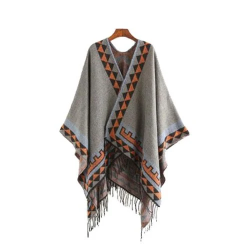 Poncho Ethnique-Frange Femme