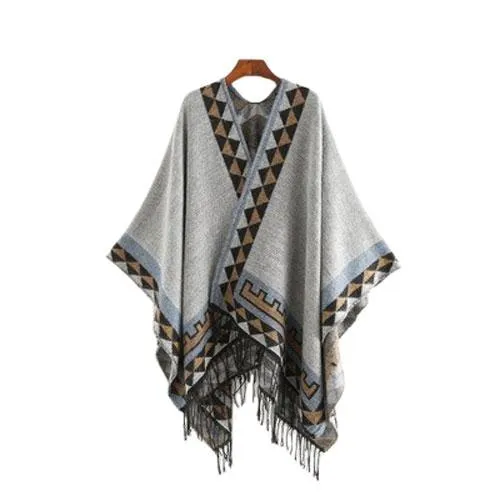 Poncho Ethnique-Frange Femme