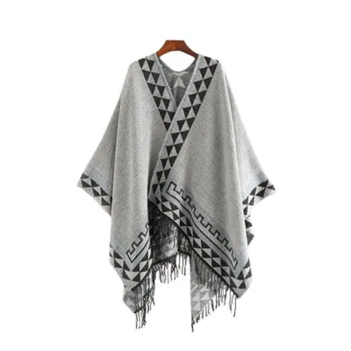Poncho Ethnique-Frange Femme