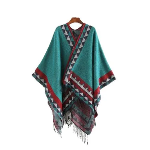 Poncho Ethnique-Frange Femme