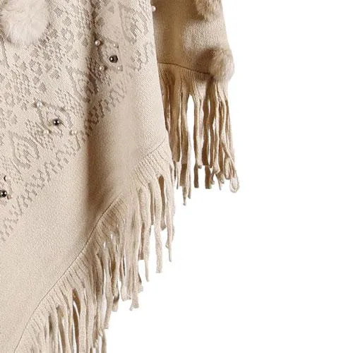 Poncho Pompons Femme Coton