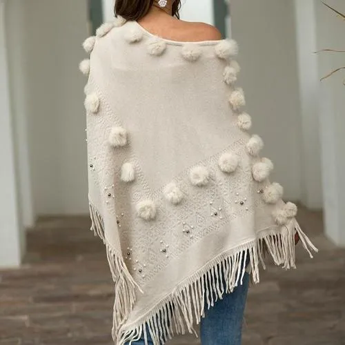 Poncho Pompons Femme Coton