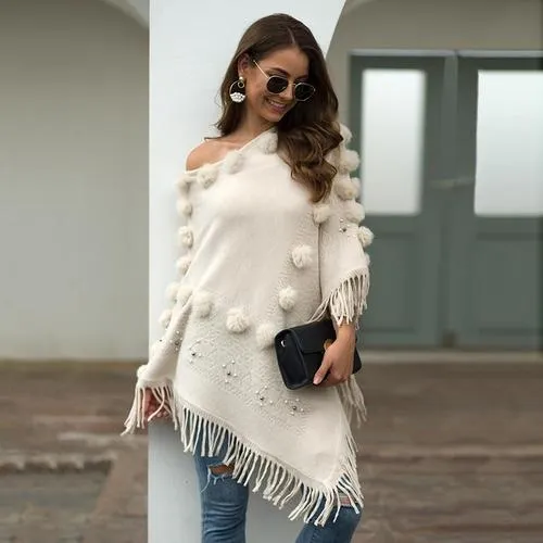 Poncho Pompons Femme Coton