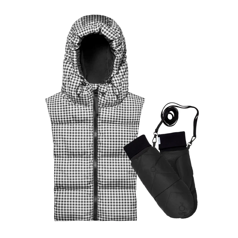 Duo capuche Fudoon vichy noir et blanc + moufles noir