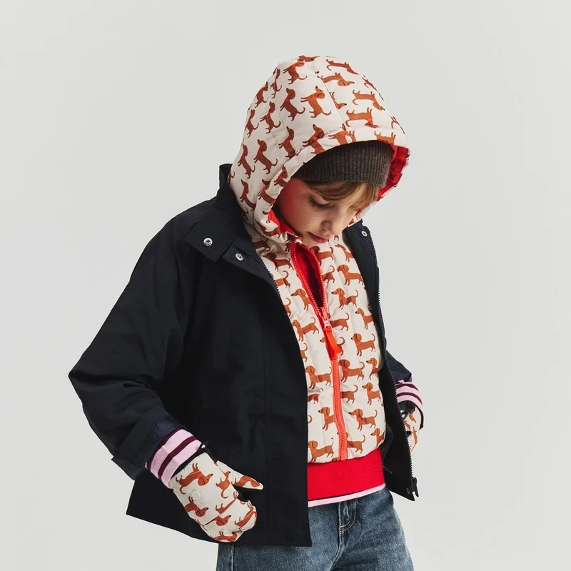 Moufles convertibles mitaines enfant motif teckel beige et orange
