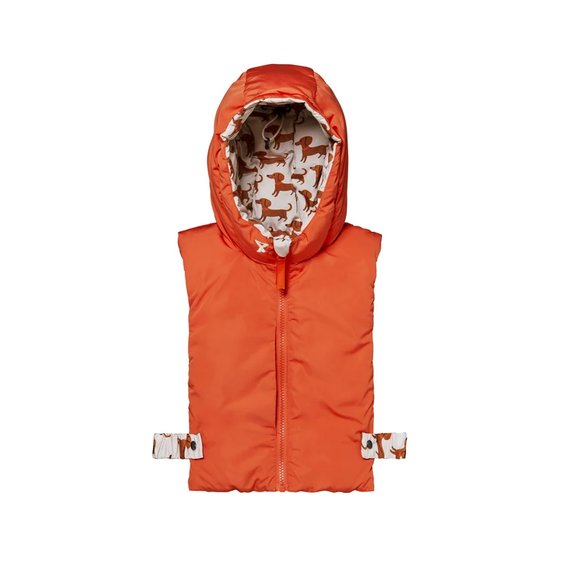 Capuche doudoune enfant motif teckel beige et orange