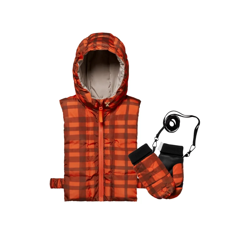 Duo enfant capuche Fudoon + moufles carreaux orange