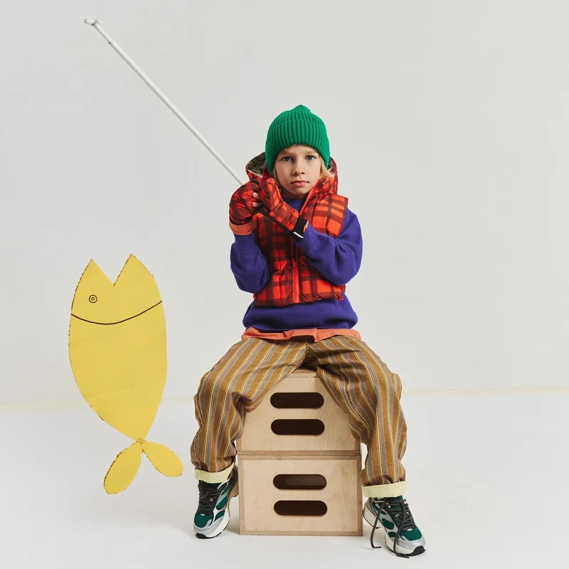 Duo enfant capuche Fudoon + moufles carreaux orange