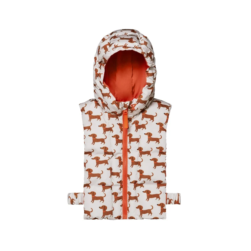 Capuche doudoune enfant motif teckel beige et orange