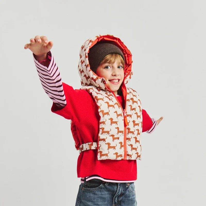 Capuche doudoune enfant motif teckel beige et orange