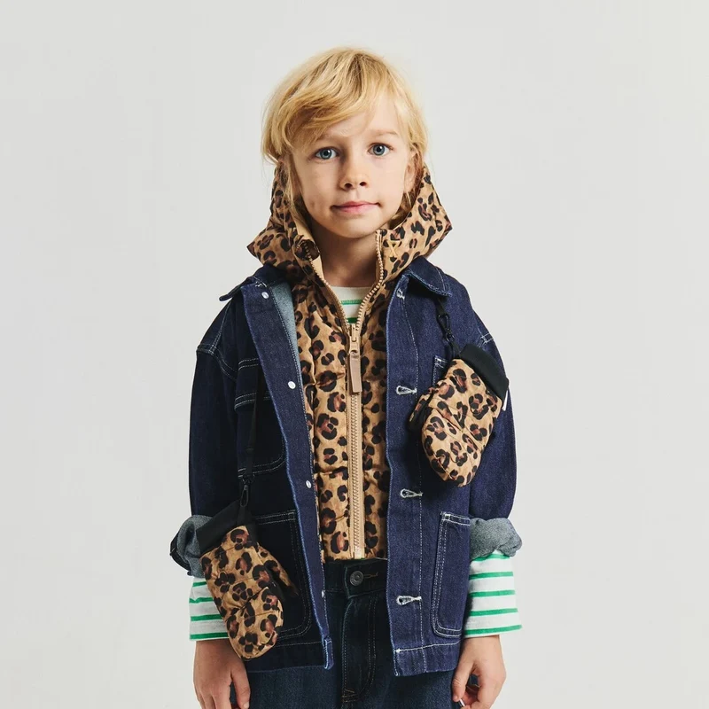 Capuche doudoune enfant léopard et beige