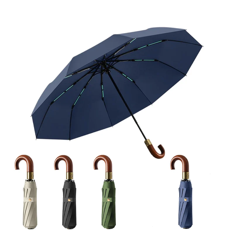 UPF 50+ Auto AOC Folding Umbrella | 10 Rib Frame | Easy Open | Wood Hook Handle