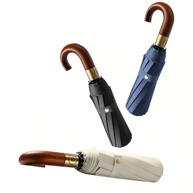 UPF 50+ Auto AOC Folding Umbrella | 10 Rib Frame | Easy Open | Wood Hook Handle