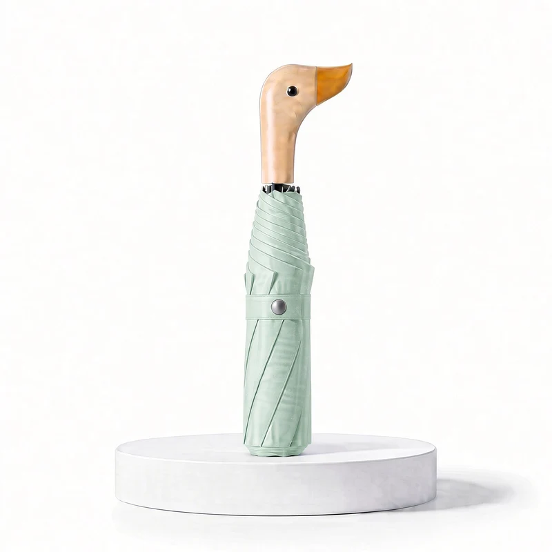 Duck Head Handle Folding Umbrella | UPF 50+ UV Protection | Wood Look Handle