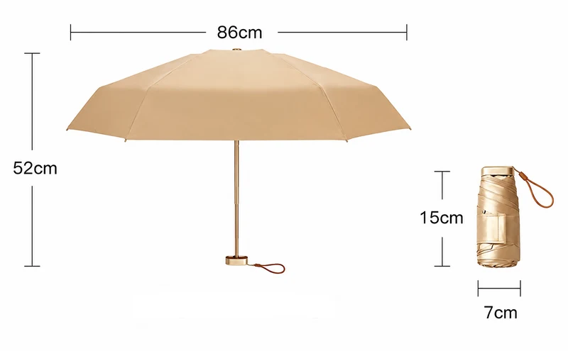 UPF 50+ Gold Reflective Compact Travel Umbrella | Heat-Reflecting Outer | 93cm Canopy | 245g