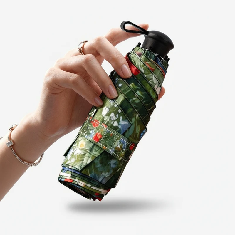 UPF 50+ Mini Compact Floral Umbrella - Long Handle | Pocket Size 18cm | Sun & Rain | 230g