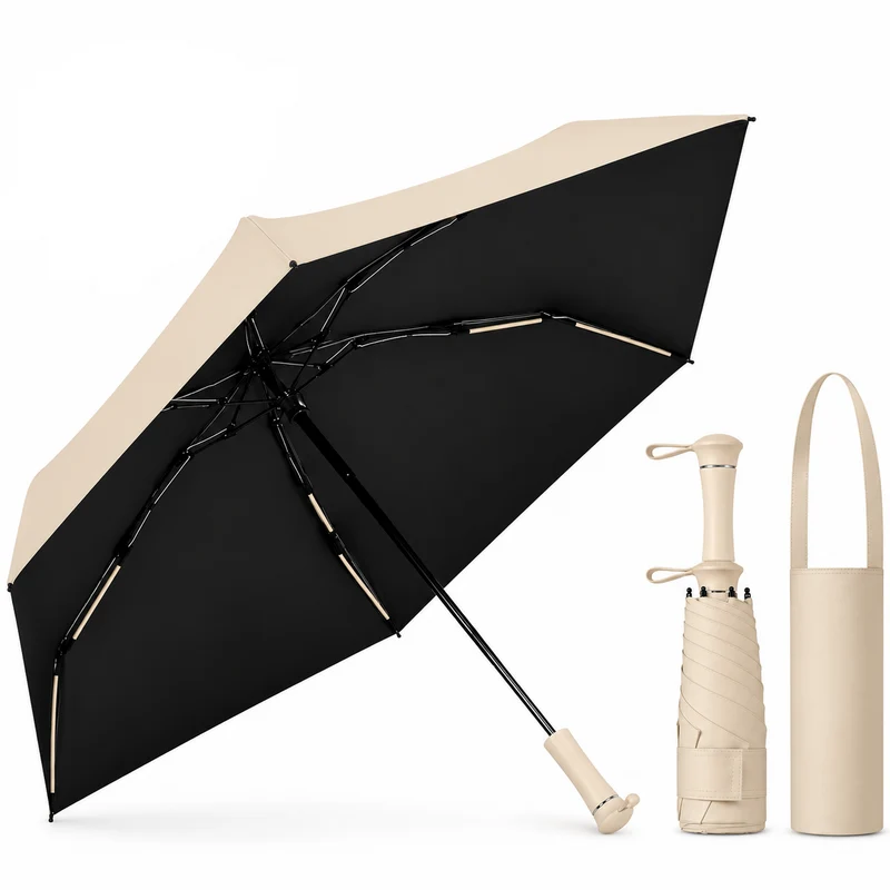 UPF 50+ Mini Compact Travel Umbrella - Long Handle | Pocket Size 18cm | Sun & Rain | 230g