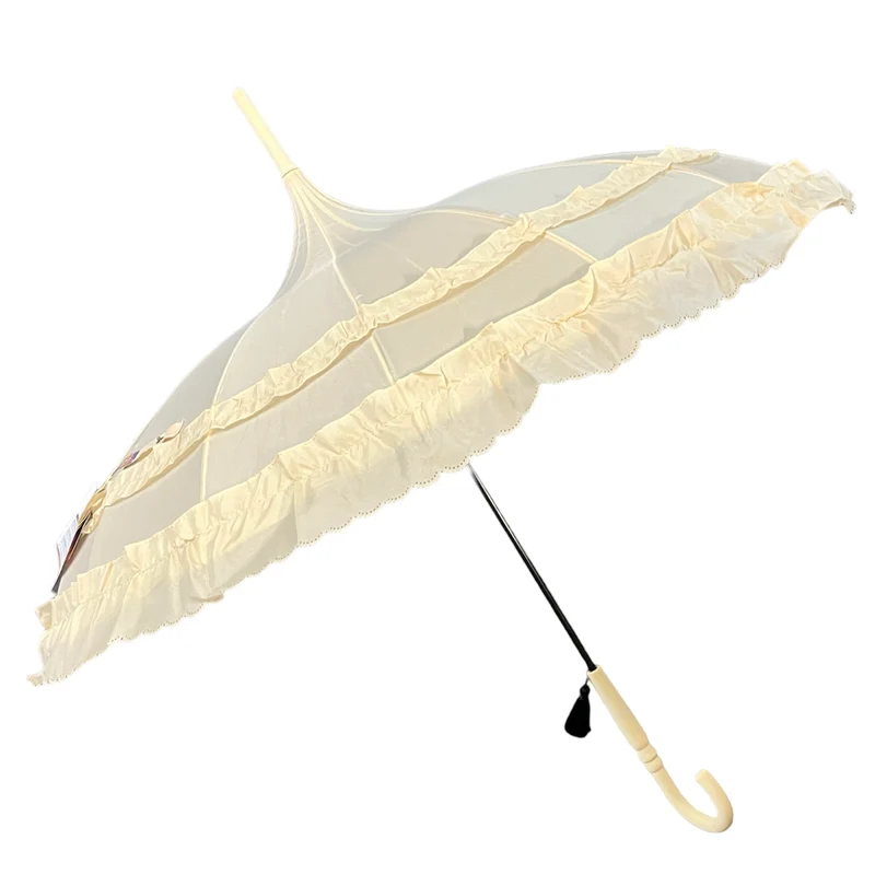 Ladies Double Frilled Edge Pagoda Walking Umbrella | 16 Ribs | Vintage Style