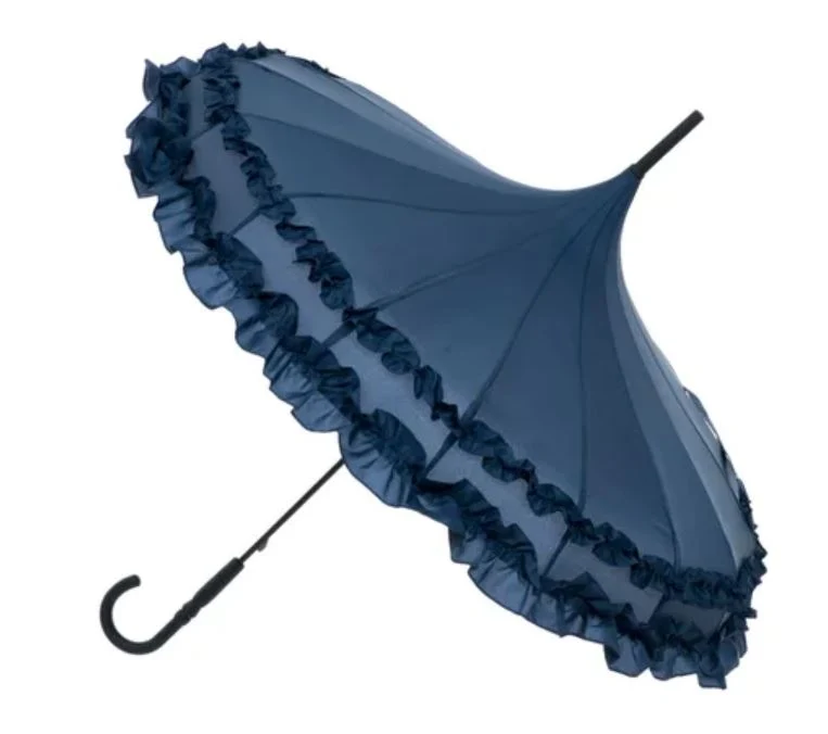 Ladies Double Frilled Edge Pagoda Walking Umbrella | 16 Ribs | Vintage Style