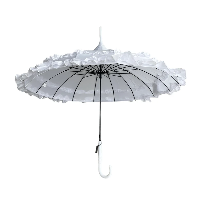 Ladies Double Frilled Edge Pagoda Walking Umbrella | 16 Ribs | Vintage Style