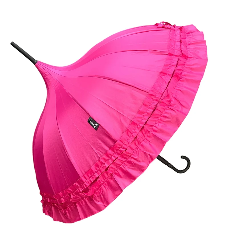 Ladies Double Frilled Edge Pagoda Walking Umbrella | 16 Ribs | Vintage Style