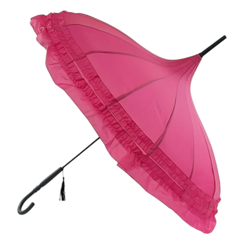 Ladies Double Frilled Edge Pagoda Walking Umbrella | 16 Ribs | Vintage Style