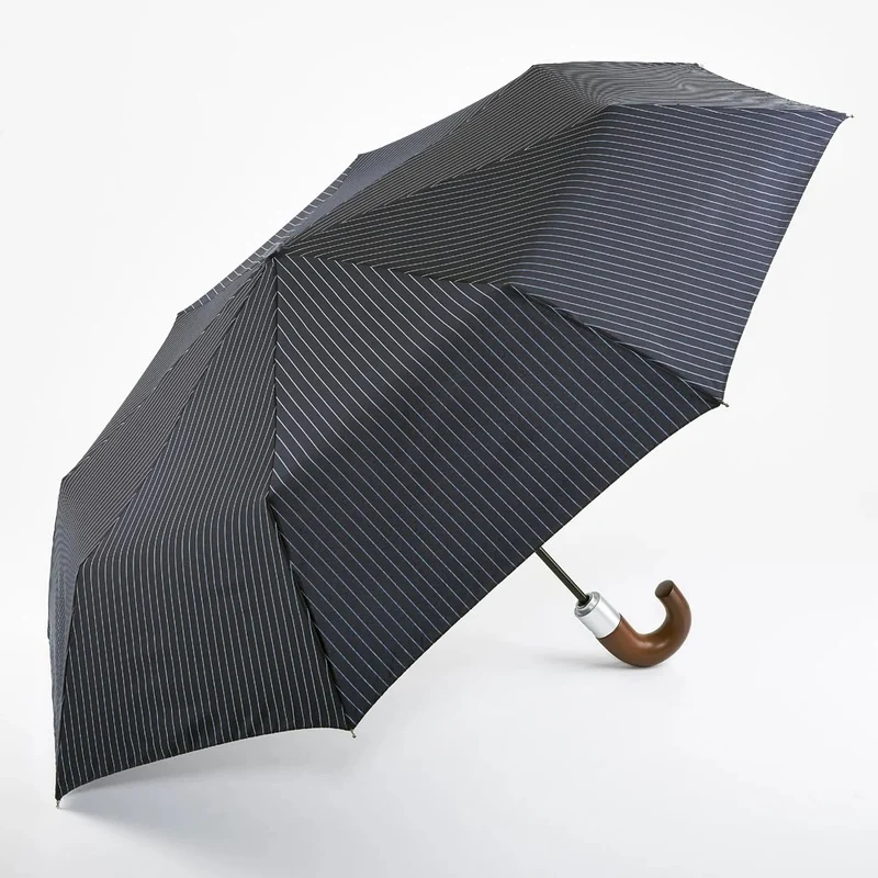 Fulton Chelsea City Stripe Executive Folding Umbrella - Black | Auto Open & Close | Wooden Handle