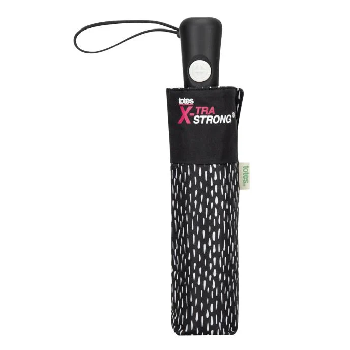 Totes ECO X-tra Strong AOC Umbrella - Black & White Drops | Wind Tunnel Tested | Auto Open & Close
