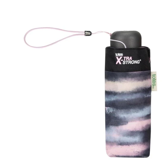 Totes ECO Tiny X-tra Strong Folding Umbrella - Mini Striped Clouds | 5-Section | Just 16.5cm and 214g